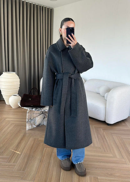 جكيت رمادي طويل بحزام - KP7188