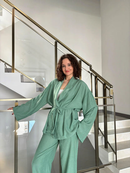 KP1055 - طقم كيمونو اخضر مزرق