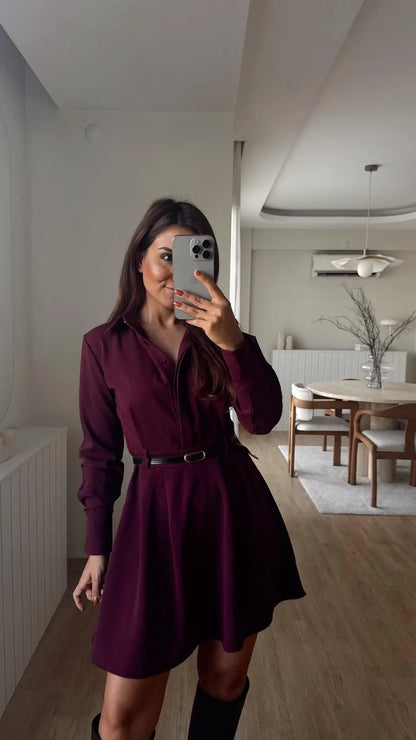 فستان خمري بحزام - KP2232