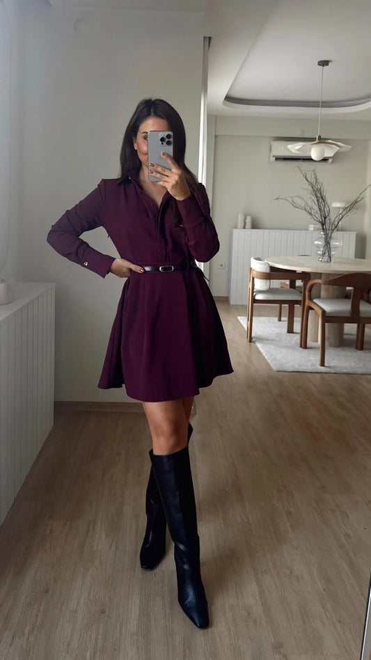 فستان خمري بحزام - KP2232