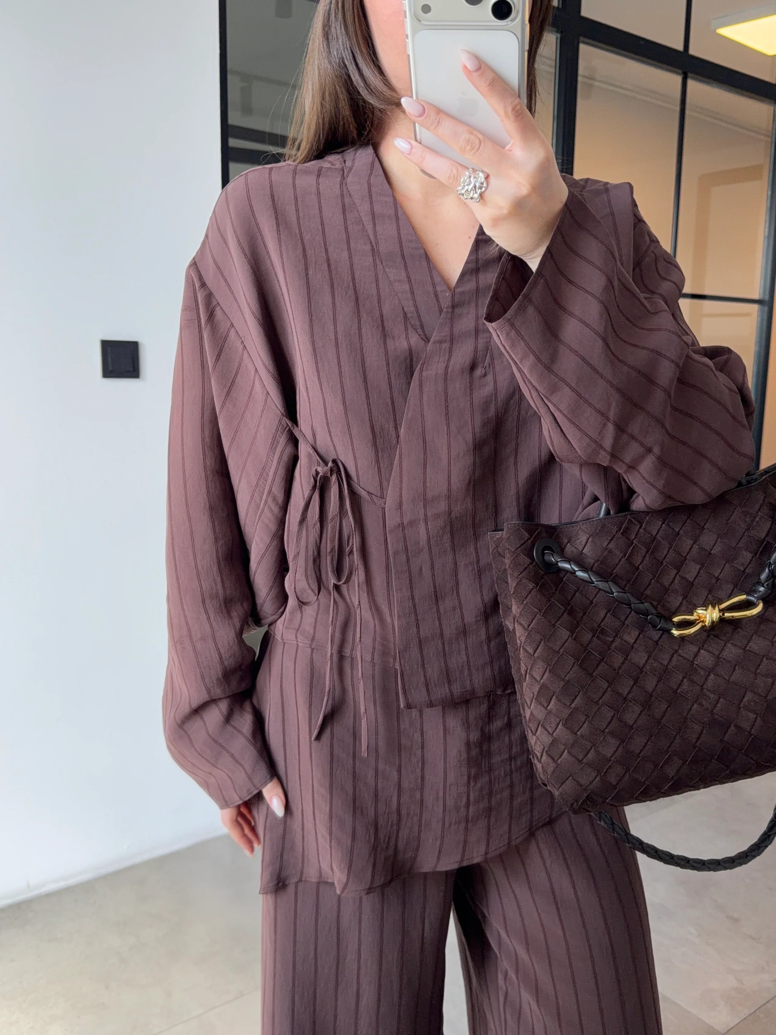 طقم مخطط قميص مع بنطلون بني - KP1555