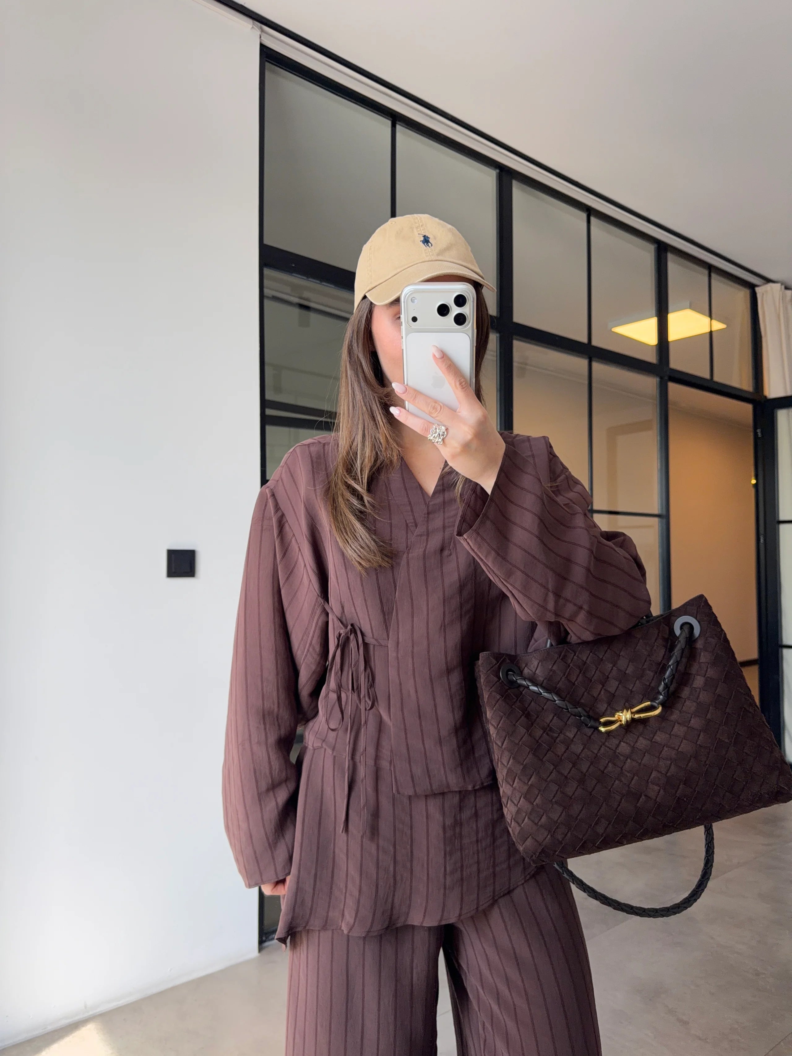 طقم مخطط قميص مع بنطلون بني - KP1555