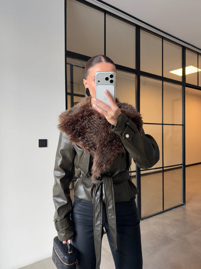 جكيت جلد زيتي فرو - KP7097