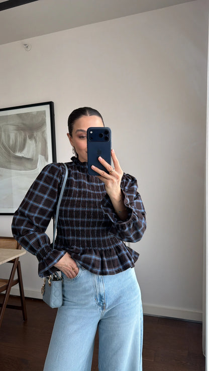 بلوزة كاروهات بني وازرق - KP4412