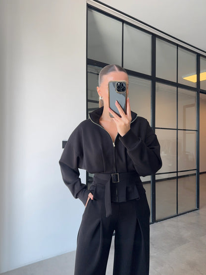 طقم اسود جكيت بحزام مع بنطلون - KP1414