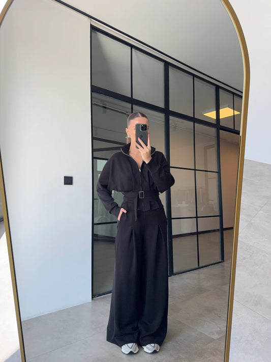 طقم اسود جكيت بحزام مع بنطلون - KP1414