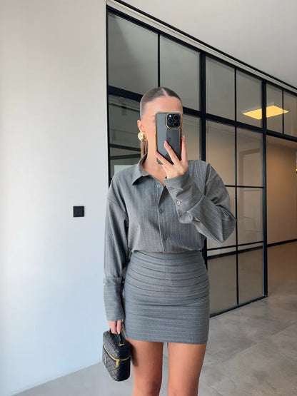 طقم مخطط قميص مع تنورة رمادي - KP1395