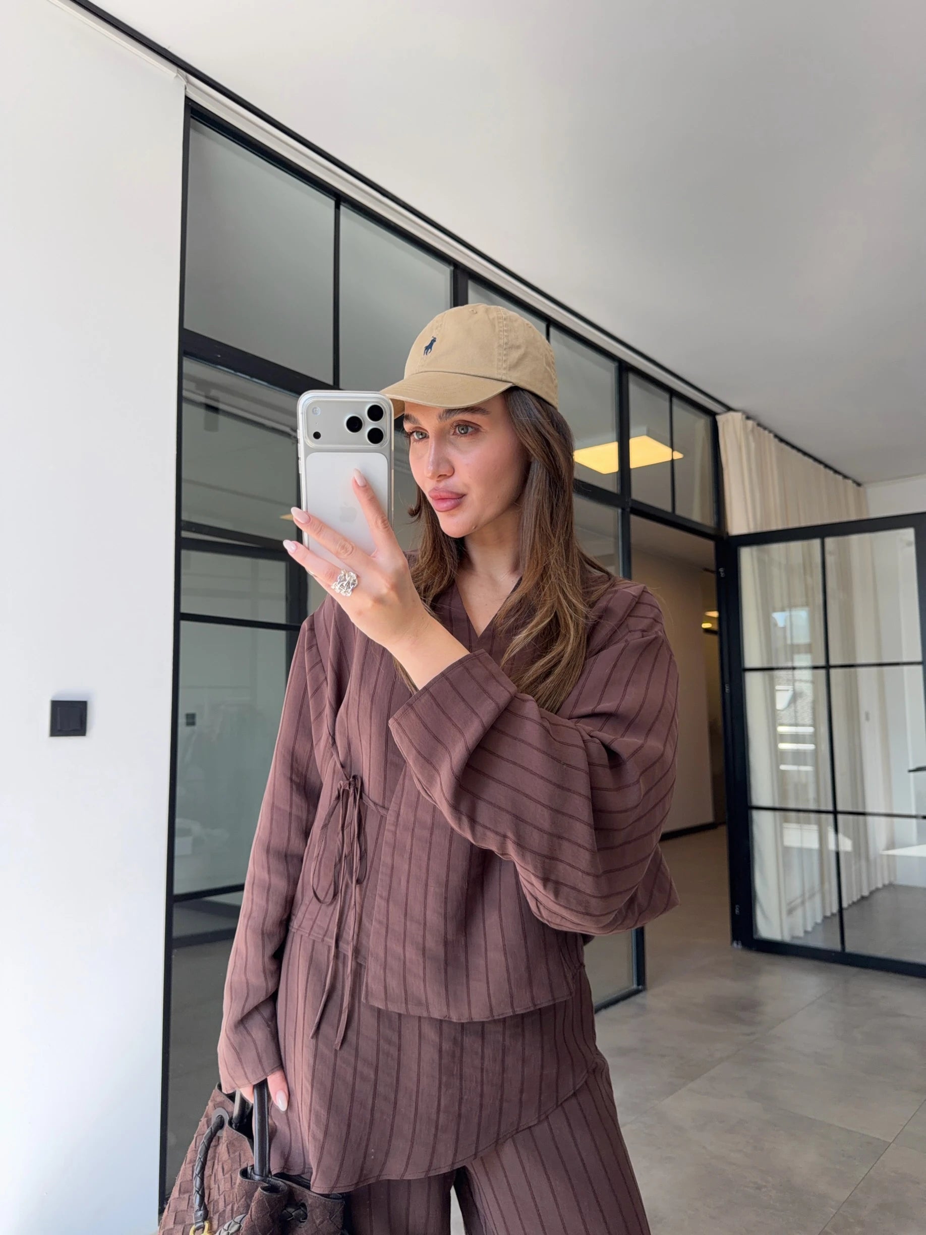 طقم مخطط قميص مع بنطلون بني - KP1555