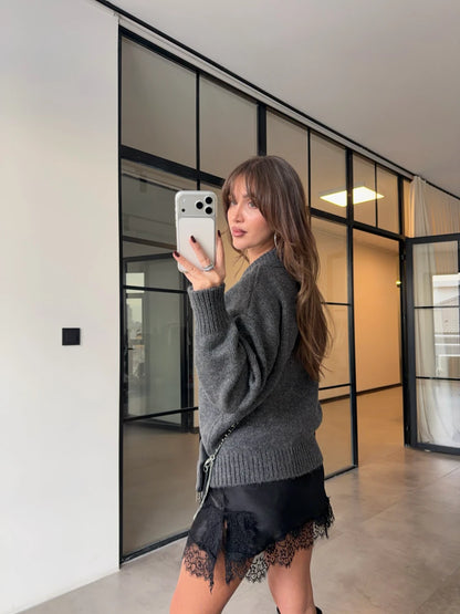 بلوزة رمادي مع بلوزة ستان - KP4417