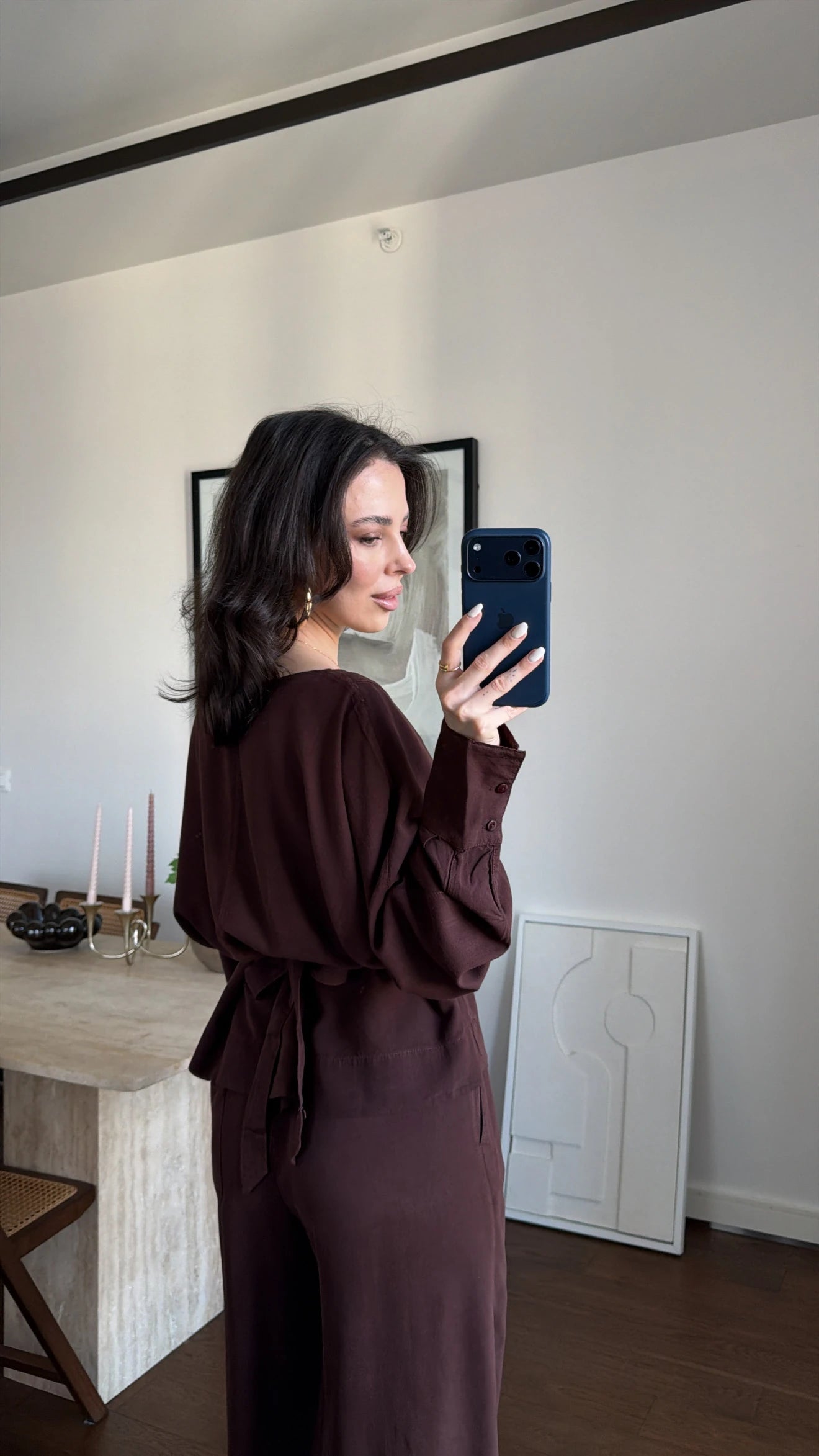 طقم بلوزة بربطة مع بنطلون بني - KP1553