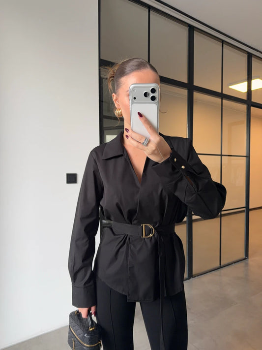 قميص اسود بحزام - KP4289