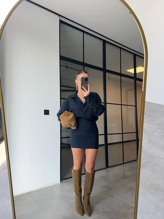 طقم مخطط قميص مع تنورة كحلي - KP1395