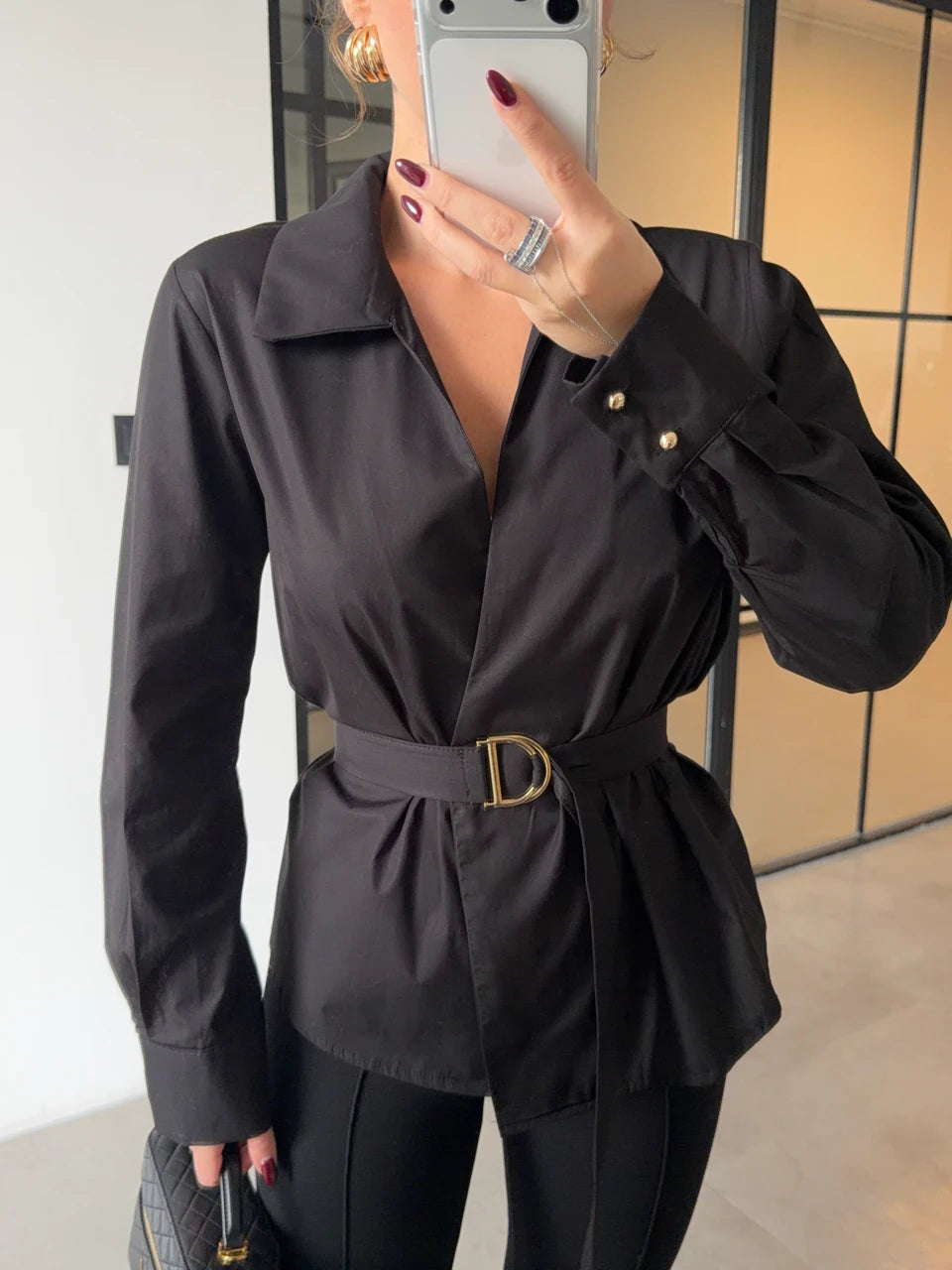 قميص اسود بحزام - KP4289