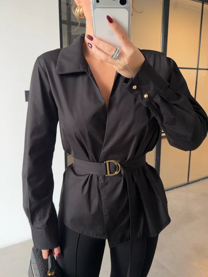 قميص اسود بحزام - KP4289