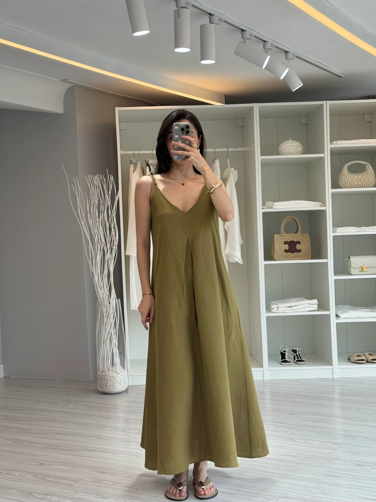 فستان زيتي بحزام - KP2169