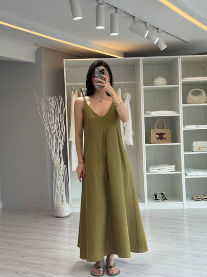 فستان زيتي بحزام - KP2169