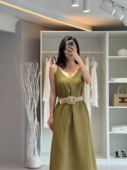 فستان زيتي بحزام - KP2169