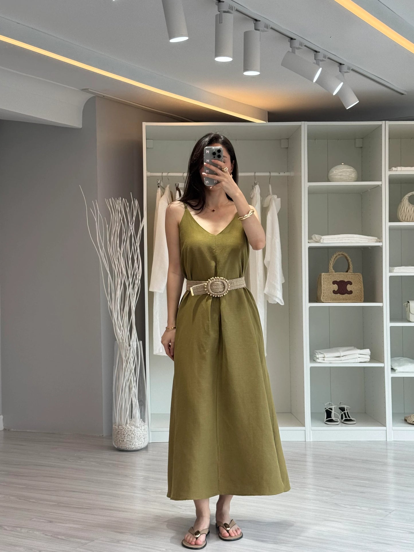 فستان زيتي بحزام - KP2169