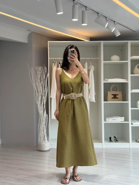 فستان زيتي بحزام - KP2169
