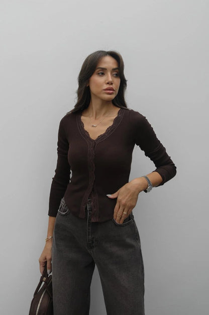 بلوزة بني دانتيل - KP4280