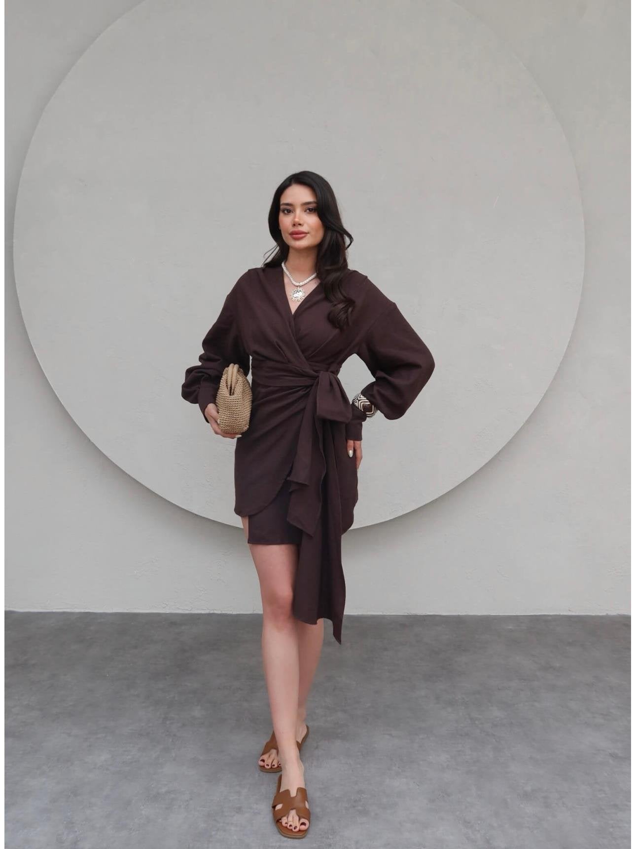 فستان ربط بني - KP2136