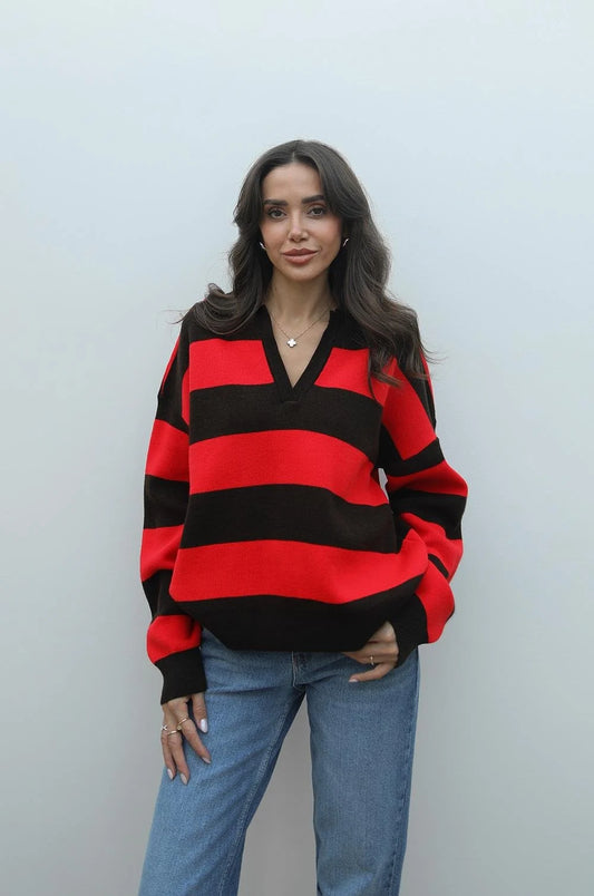 بلوزة مخططة بني واحمر  - KP4363