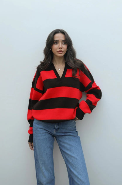 بلوزة مخططة بني واحمر  - KP4363