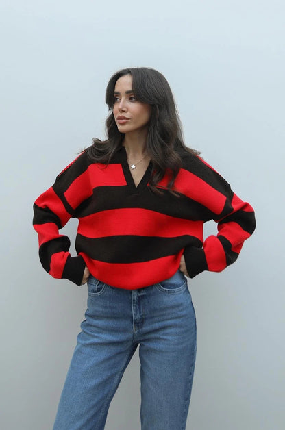 بلوزة مخططة بني واحمر  - KP4363