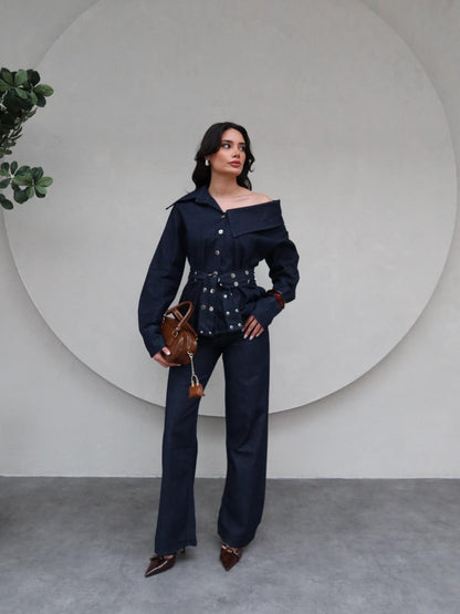 طقم جينز بكتف - KP1218