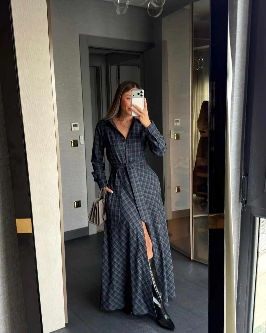 فستان كاروهات كحلي ورمادي - KP2240