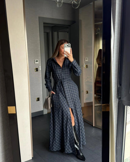 فستان كاروهات كحلي ورمادي - KP2240