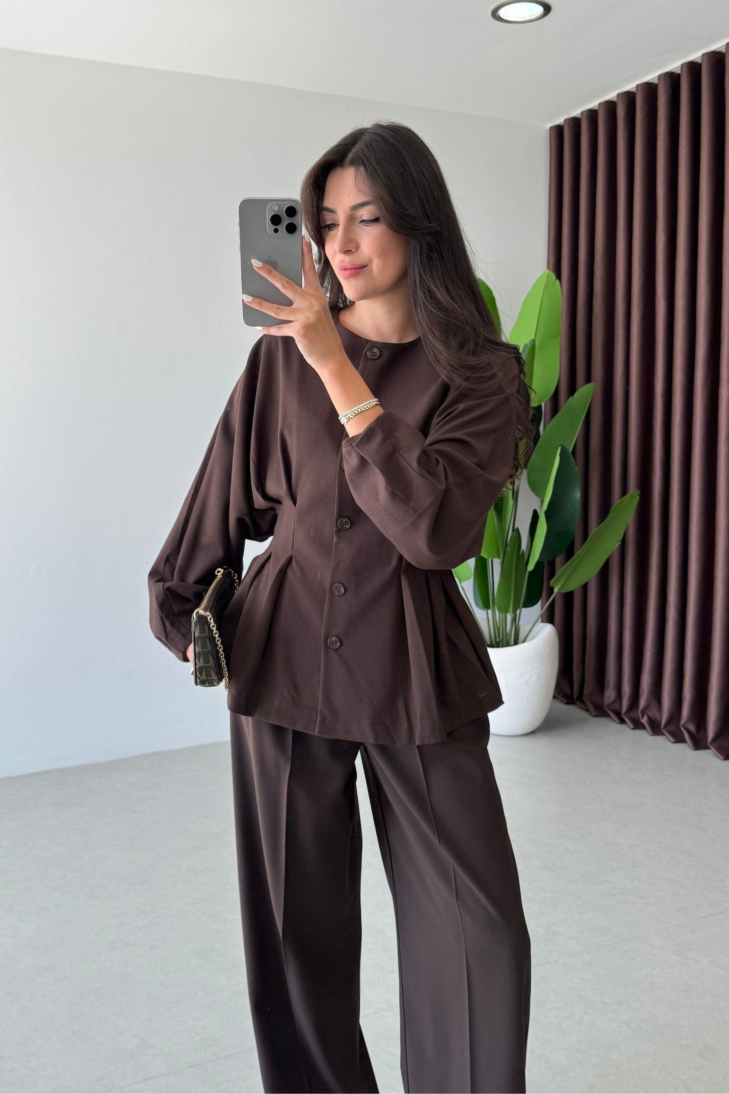 طقم جكيت مخصر مع بنطلون بني - KP1344