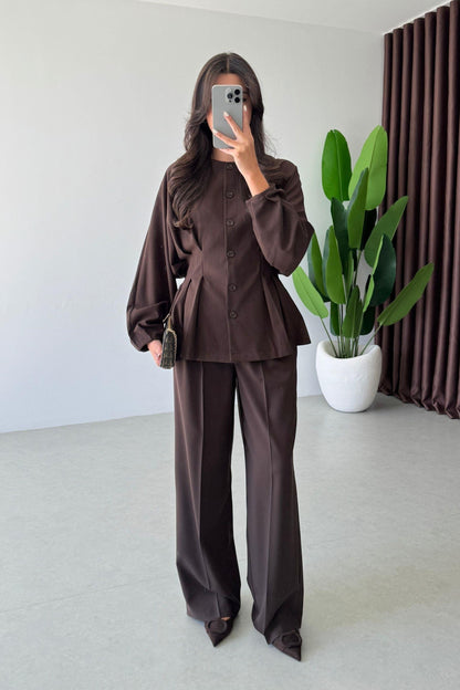 طقم جكيت مخصر مع بنطلون بني - KP1344