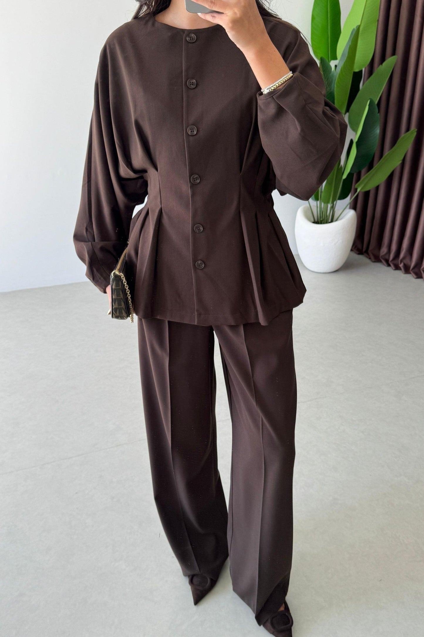 طقم جكيت مخصر مع بنطلون بني - KP1344