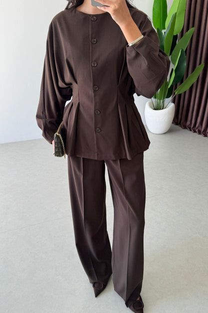 طقم جكيت مخصر مع بنطلون بني - KP1344