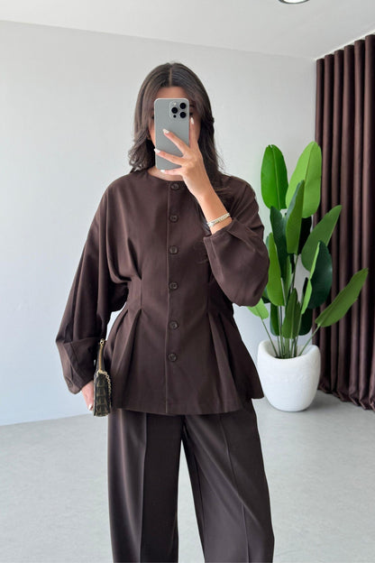 طقم جكيت مخصر مع بنطلون بني - KP1344