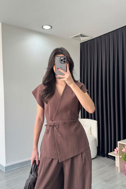 طقم كيمونو بني غامق - KP1202