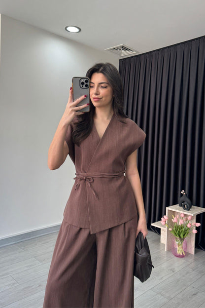 طقم كيمونو بني غامق - KP1202