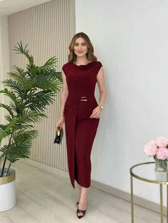 فستان لايكرا خمري - KP2190