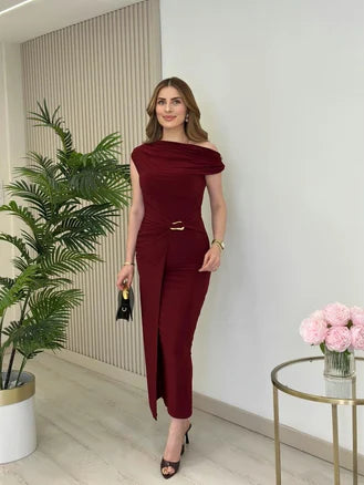 فستان لايكرا خمري - KP2190