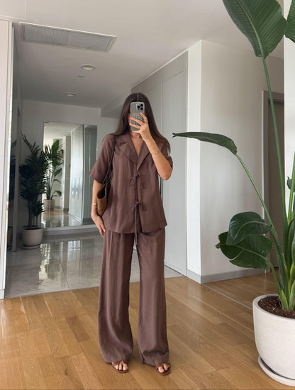 طقم بلوزة ربط مع بنطلون بني - KP1356