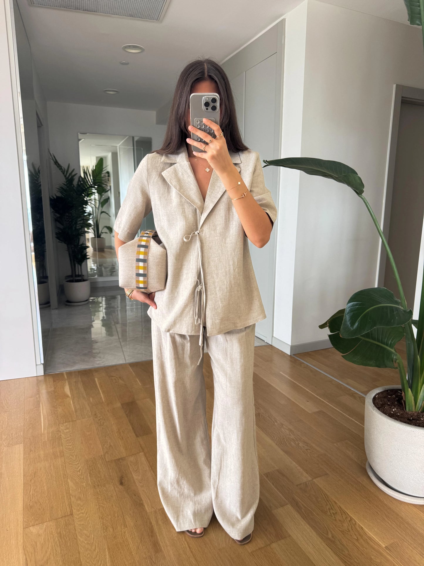 طقم بلوزة ربط مع بنطلون بيج - KP1356