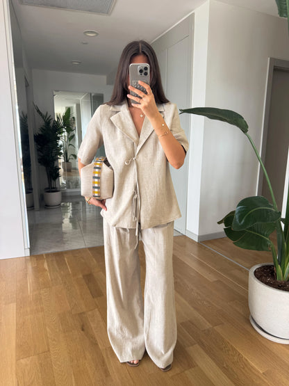 طقم بلوزة ربط مع بنطلون بيج - KP1356