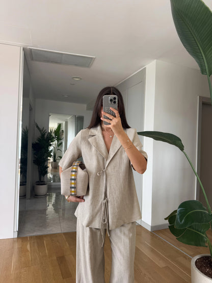 طقم بلوزة ربط مع بنطلون بيج - KP1356