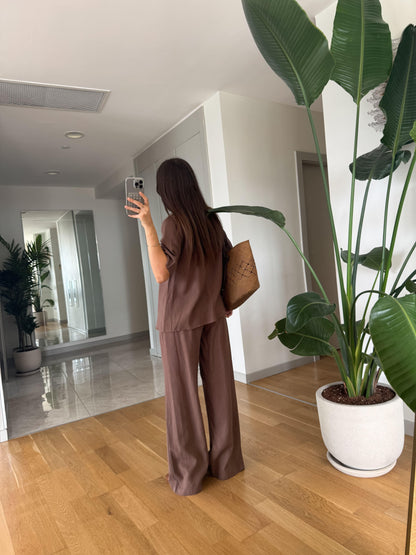 طقم بلوزة ربط مع بنطلون بني - KP1356