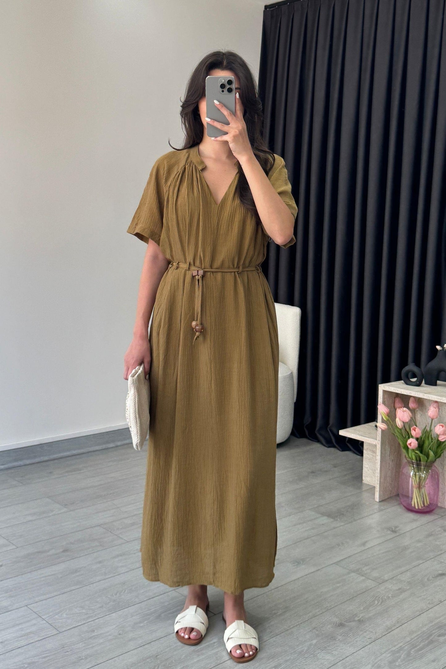 فستان زيتي بحزام - KP2172