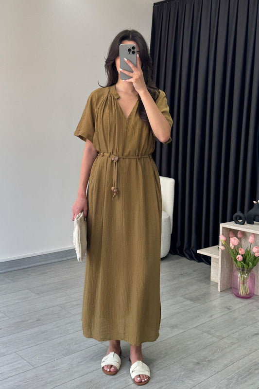 فستان زيتي بحزام - KP2172