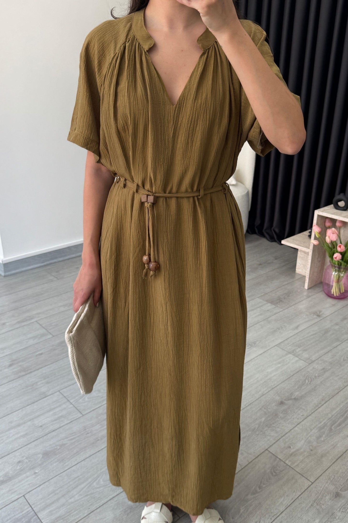 فستان زيتي بحزام - KP2172