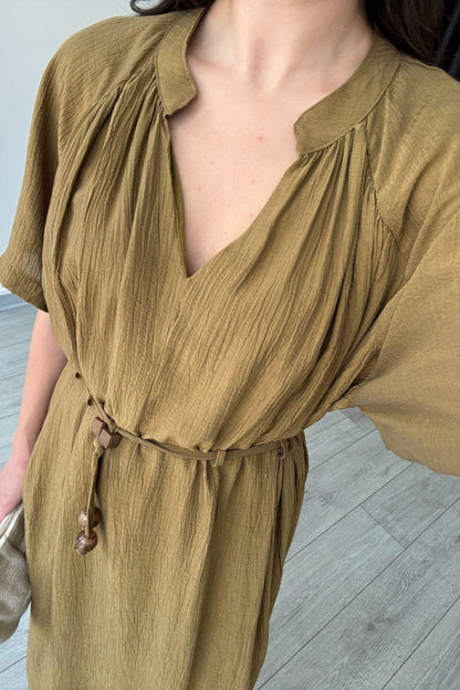 فستان زيتي بحزام - KP2172