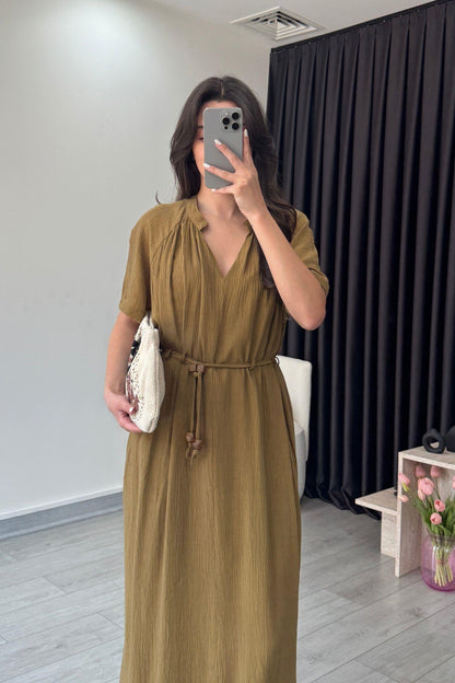 فستان زيتي بحزام - KP2172